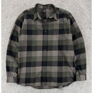 Uniqlo Flannel Long Sleeve Shirt Mens Large Army Green Black Plaid Buffalo Check